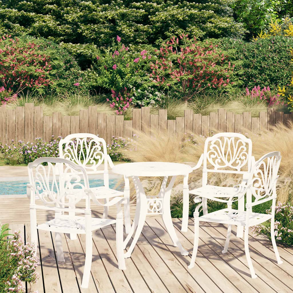 vidaXL 5 Piece Outdoor Bistro Set in White Cast Aluminum - Elegant Garden Patio Furniture with Umbrella Hole