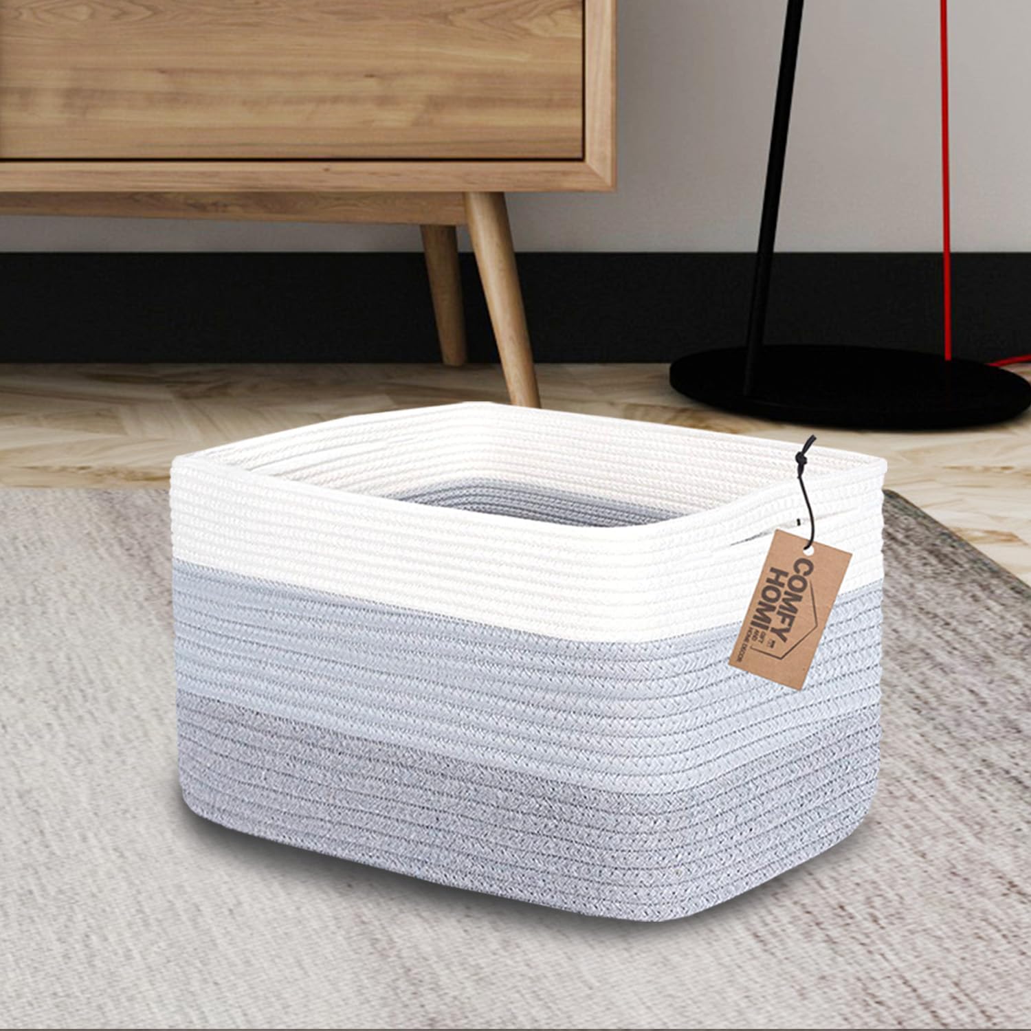 Comfy-Homi Cotton Rope Woven Basket With Handles For Shelves,Toys,Book, Cloth Storage Baskets Bin For Organizing-13.5'X11'X9.5' Toy Decorative Organizer For Living Room, Bathroom-White/3Tone Grey
