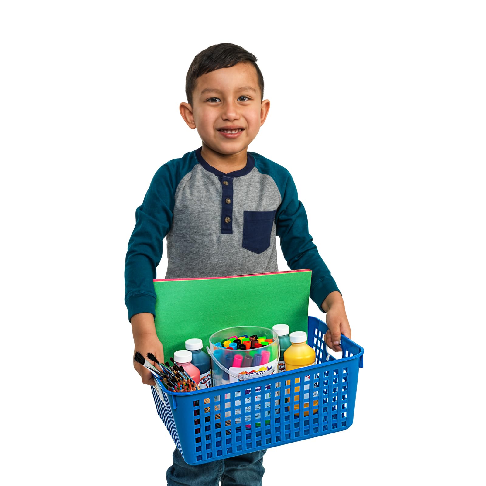 Really Good Stuff Plastic Storage Baskets - 4 Pack - Assorted Primary Colors, Stackable Mesh Baskets With Grip Handles - Classro