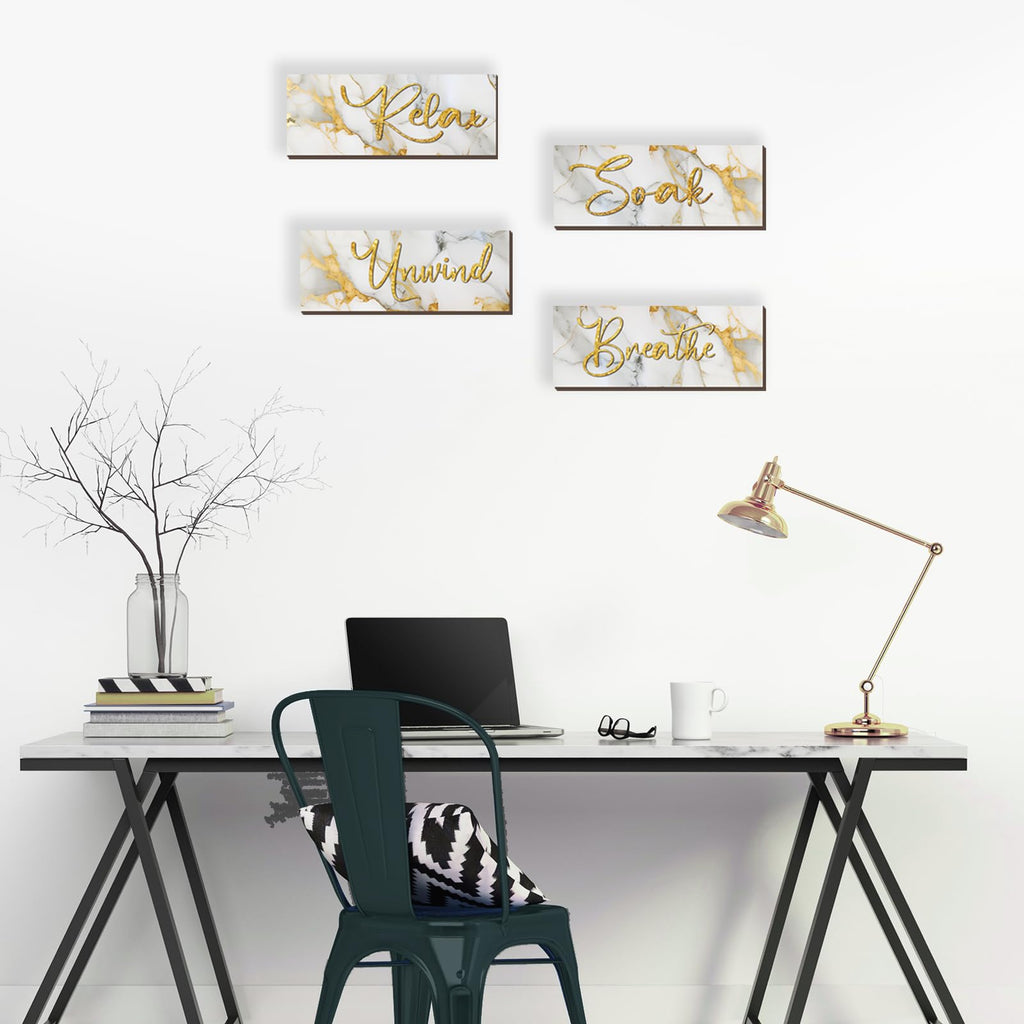 Onizhity 4 Pcs White And Gold Bathroom Decor White Gold Wall Decor Relax Soak Unwind Breathe Wooden Rustic Marble Style Bathroom