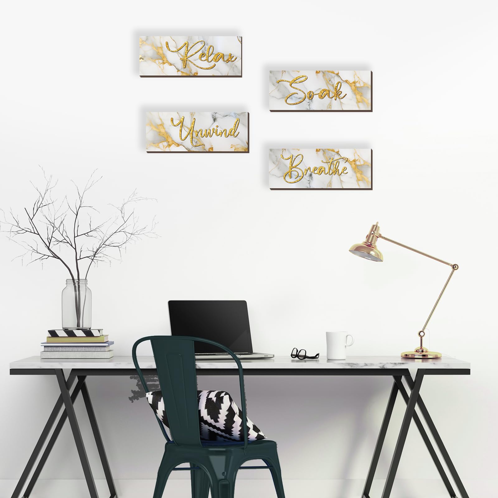 Onizhity 4 Pcs White And Gold Bathroom Decor White Gold Wall Decor Relax Soak Unwind Breathe Wooden Rustic Marble Style Bathroom