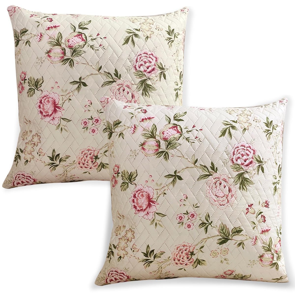Hokipo Homehues Series Printed Quilted Sofa Cushion Cover 22X22 Inches, Set Of 2, Beige Peonies (In820D3*2)