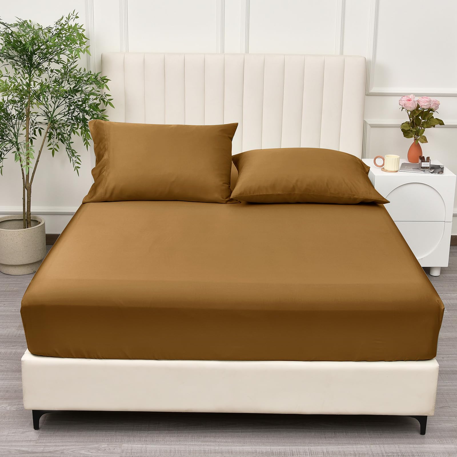 PHF 100% Rayon Derived from Bamboo Cooling Fitted Sheet Twin Size for Hot Sleeper,16'' Deep Pocket,2.5cm Wider Strong Elastic Ea