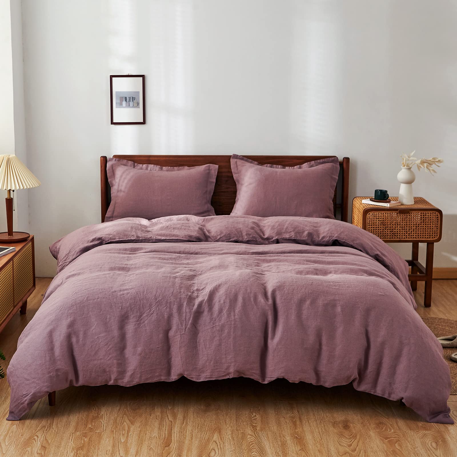 Simple&Opulence 100% Linen Duvet Cover Set 3Pcs Basic Style Natural French Washed Flax Solid Color Soft Breathable Farmhouse Bedding With Button Closure - Purple, King