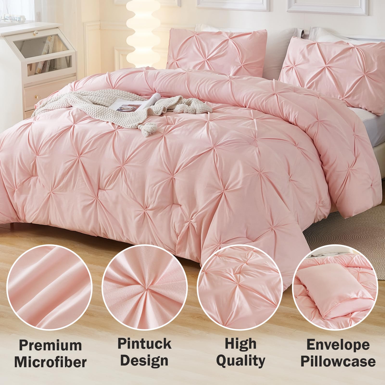 Andency Pink Comforter Set Queen(90X90Inch), 3 Pieces Soft Lightweight Cute Pinch Pleat Comforter Set For Queen Bed, All Season Western Warm Bed Set For Girls Women