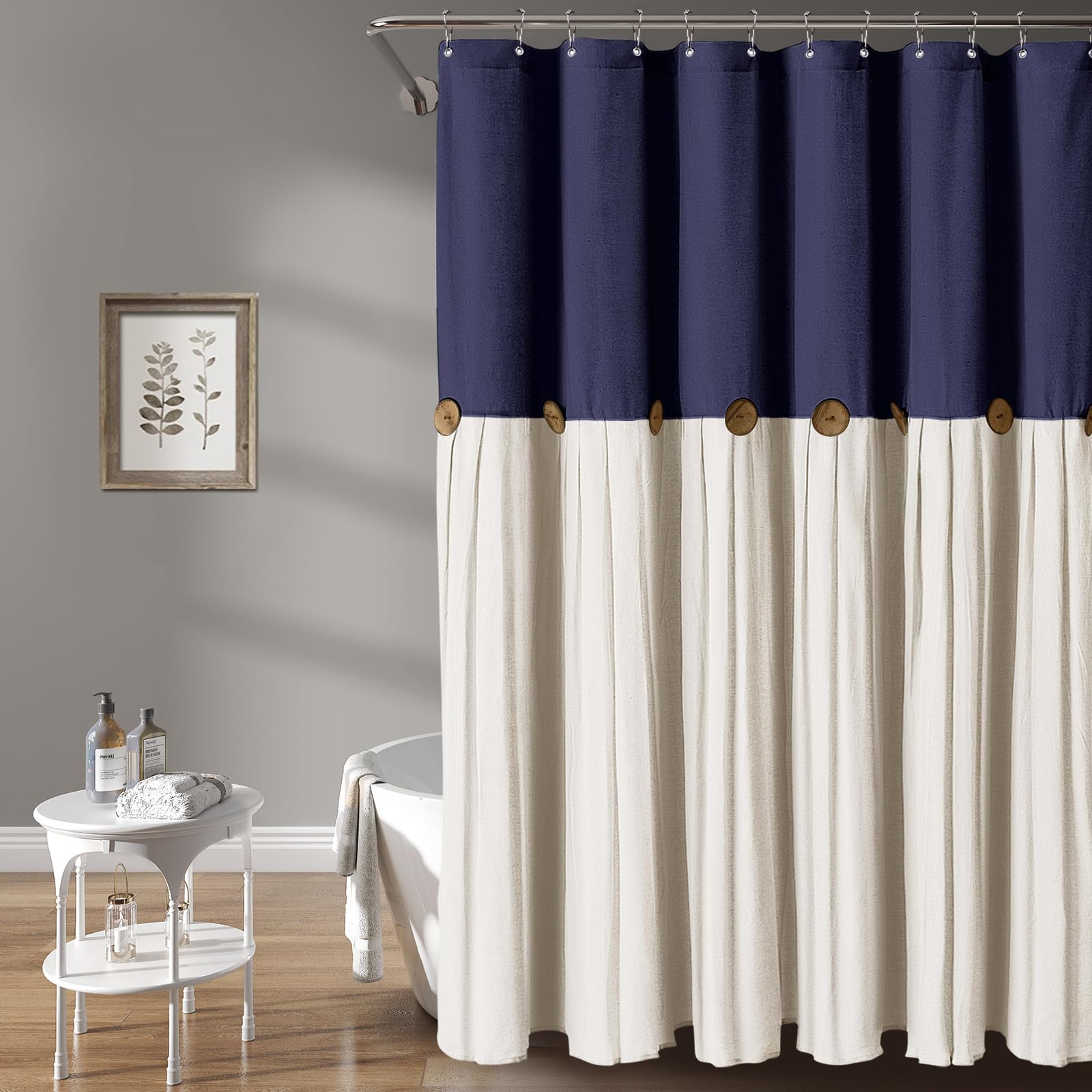 Awellife Linen Button Farmhouse Beige Shower Curtain,Linen And Cotton Woven Fabric,Pleated Brown Stripe,Country Style (Navy Blue