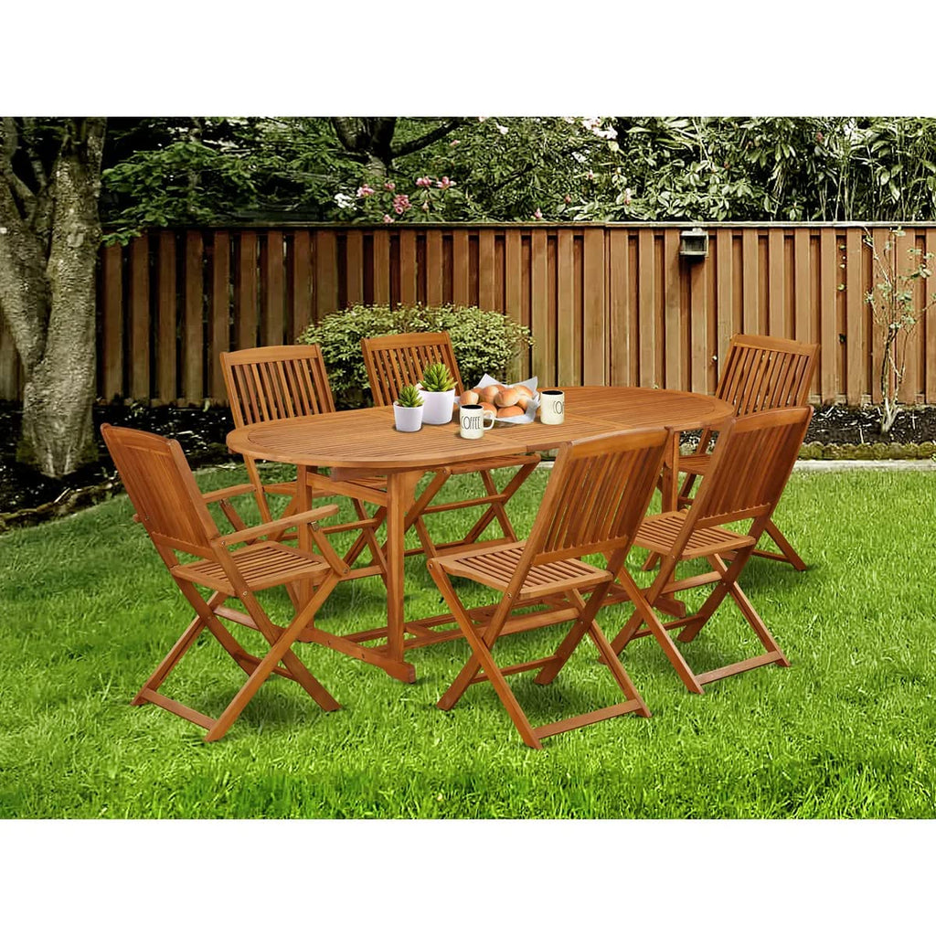 East West Furniture Bscm72Cana Beasley 7 Piece Patio Dining Set Consist Of An Oval Outdoor Acacia Wood Table And 2 Folding Arm 4 Side Chairs, 36X78 Inch