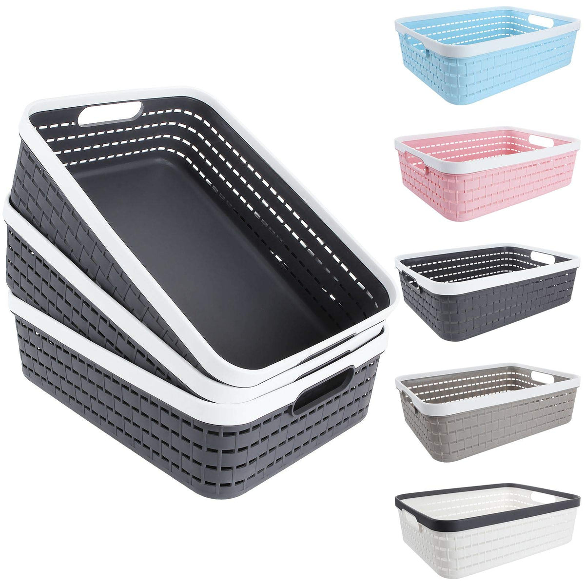CertBuy 3 Pack Plastic Storage Baskets 14 x 10 x 4.5 Inch, Large Weave Storage Bins with Handle for Cabinet, Shelf, Kitchen, Bed