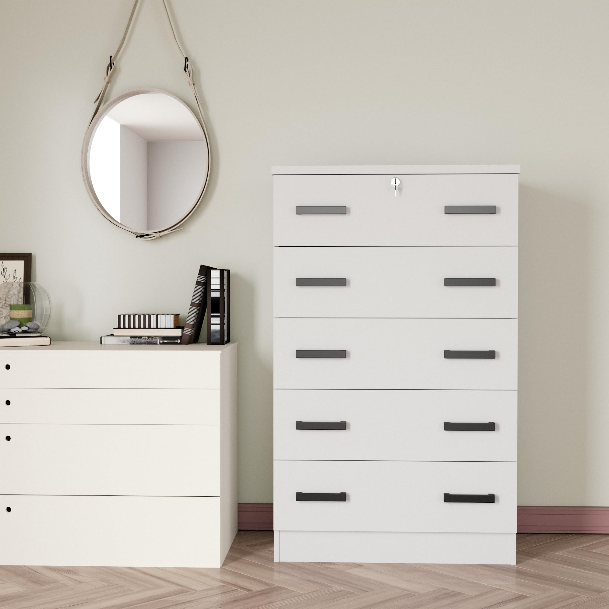 Cindy 5 Drawer Chest Wooden Dresser with Lock (White)