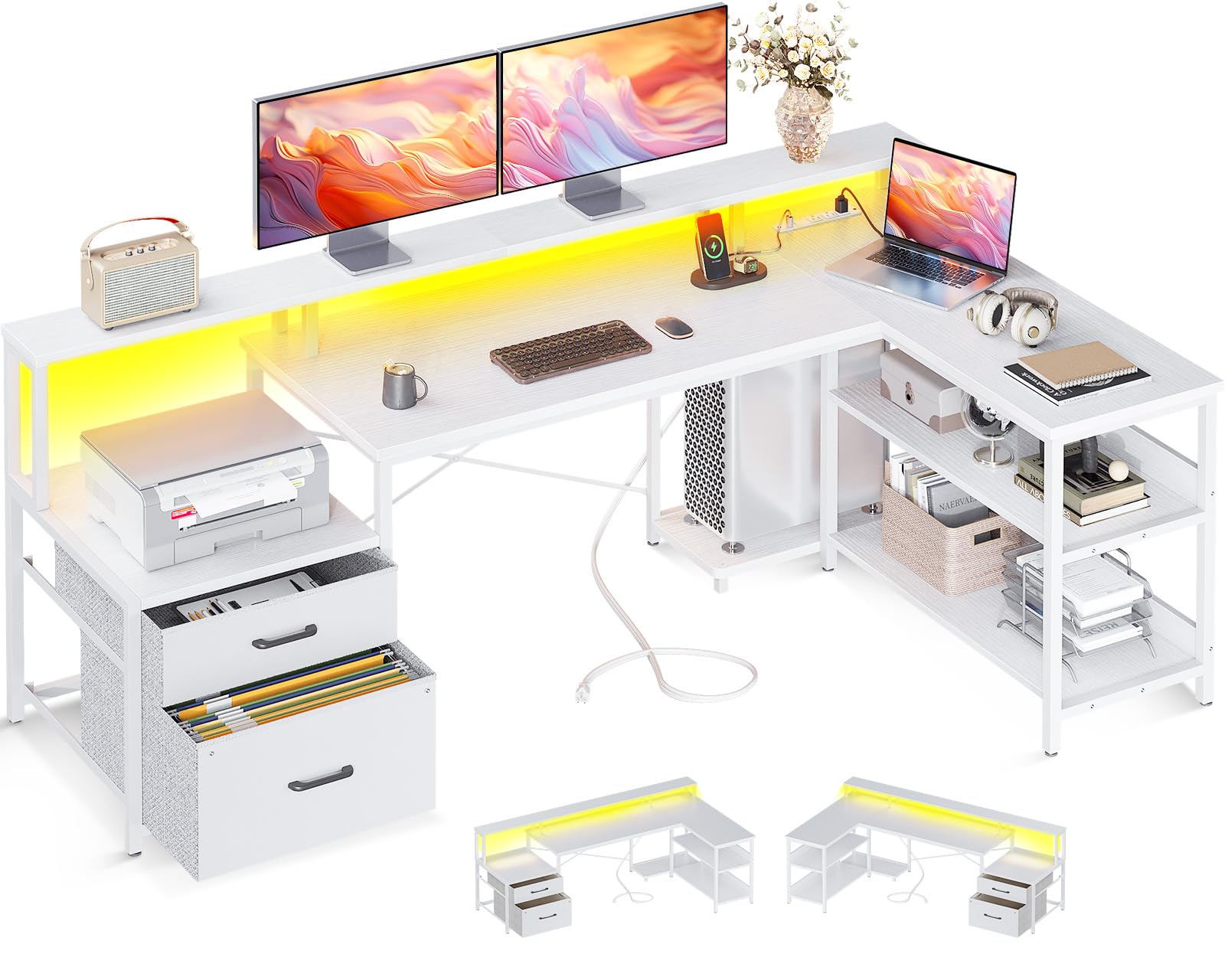 Odk L Shaped Desk With File Drawer, 66' Reversible L Shaped Computer Desk With Power Outlet & Led Strip, Home Office Desk With Storage Shelves, Gaming Desk With Monitor Shelf, Corner Desk, White
