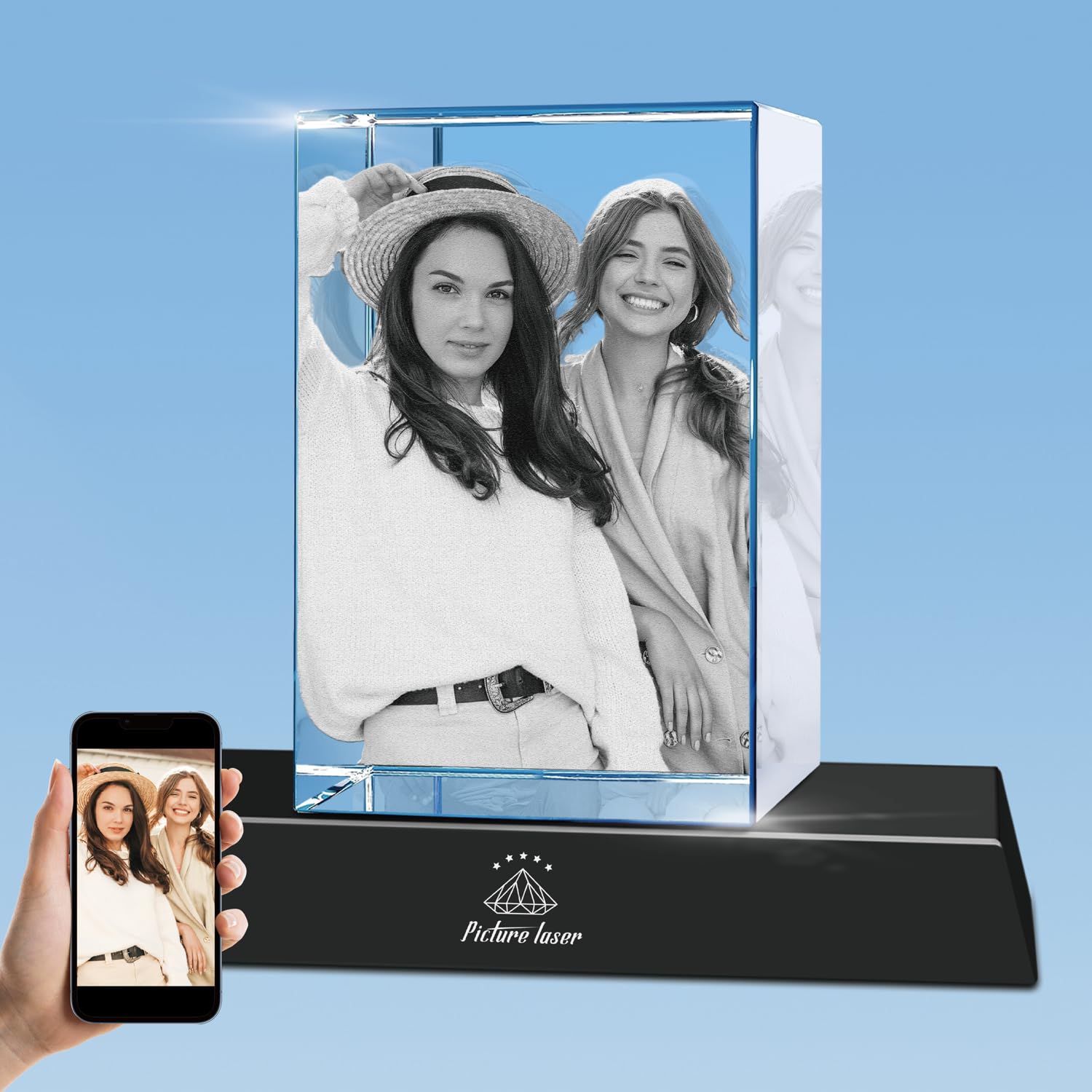 3D Crystal Photo with LED Light Base, Personalized Gifts with Your Own Photo, Laser Engraving 3D Pictures and Customized Text, L