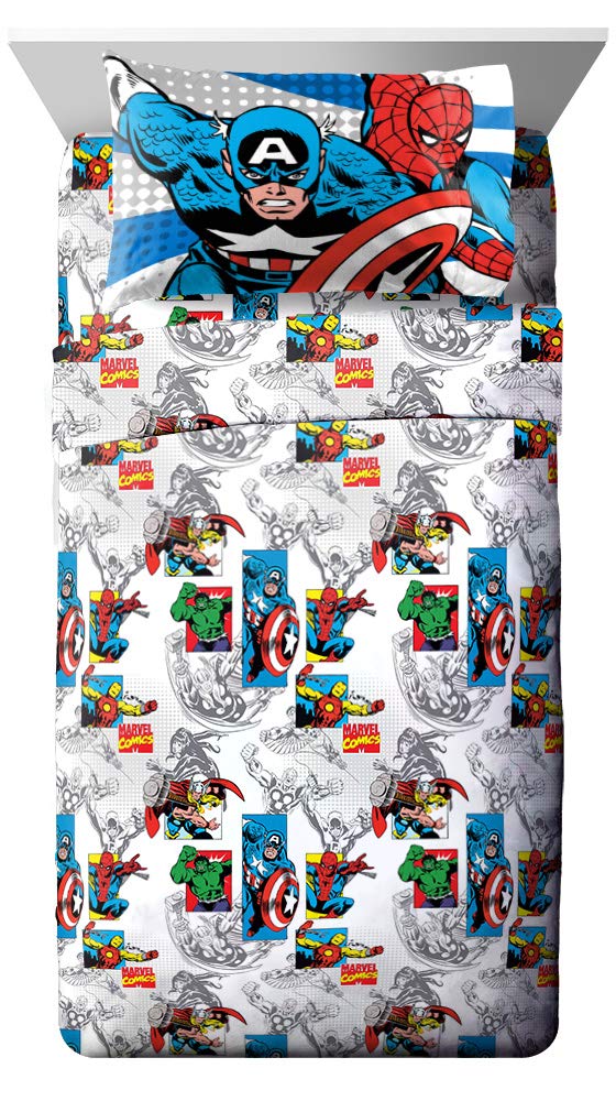 Jay Franco Comics 4 Piece Full Sheet Set-Features Captain America, Hulk, Iron Man, Spiderman, And Thor-Fade Resistant Polyester