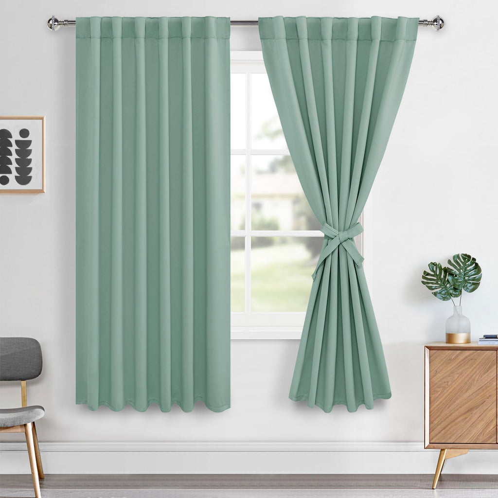 Hiasan Light Sage Curtains 63 inch Long Sewn with Tiebacks, Rod Pocket & Back Tab Blackout Thermal Insulated Christmas Drapes, R
