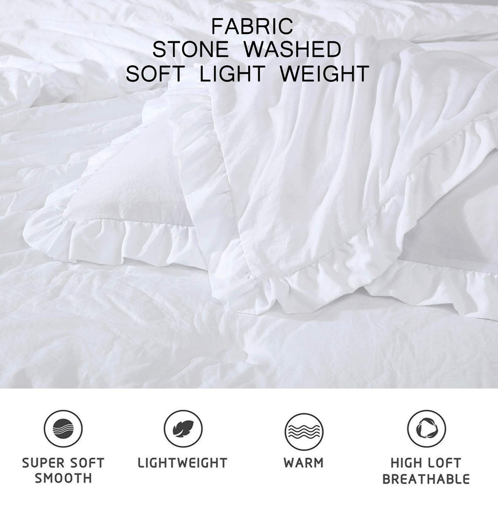Chezmoi Collection Nora 3-Piece Ruffled Edge Trim Soft Washed Microfiber Comforter Set (King, White)