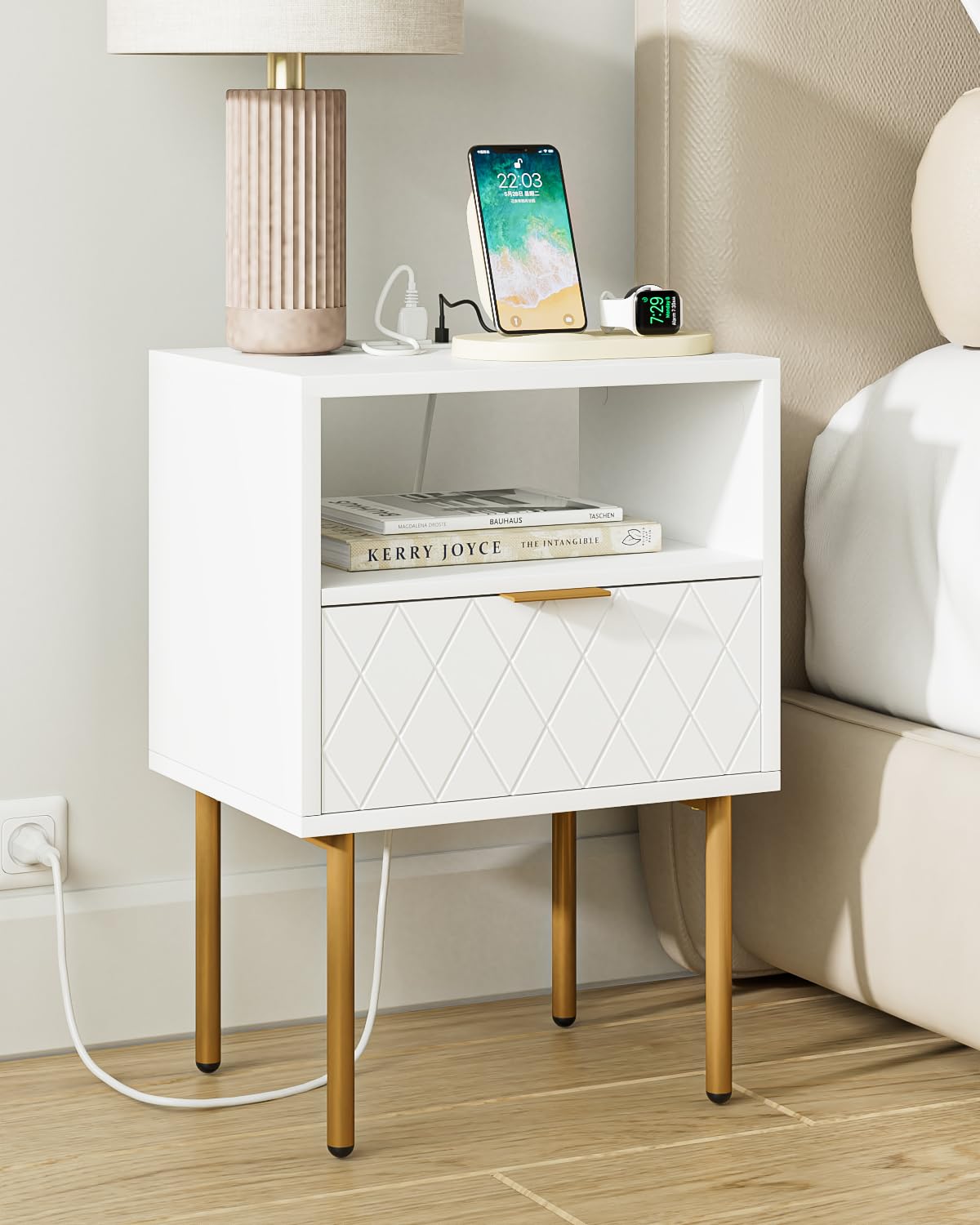 Aepoalua Nightstand,Small Bedside Table With Gold Frame,Morden Night Stand,End Table,Bedside Furniture,Side Table With Drawer And Shelf For Bedroom,Living Room,Diamond (Modern-1Drawer, White-Outlet)
