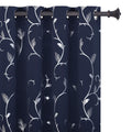 Buhua Shinny Silver Wave Flower Print Blackout Curtains Grommet Thermal Insulated Navy Curtains For Classroom 52W  54L Navy Blue