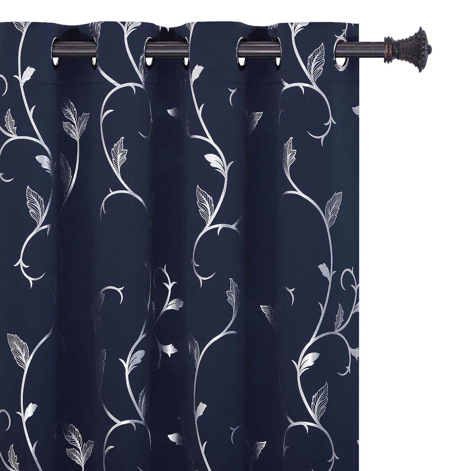 Buhua Shinny Silver Wave Flower Print Blackout Curtains Grommet Thermal Insulated Navy Curtains For Classroom 52W  54L Navy Blue