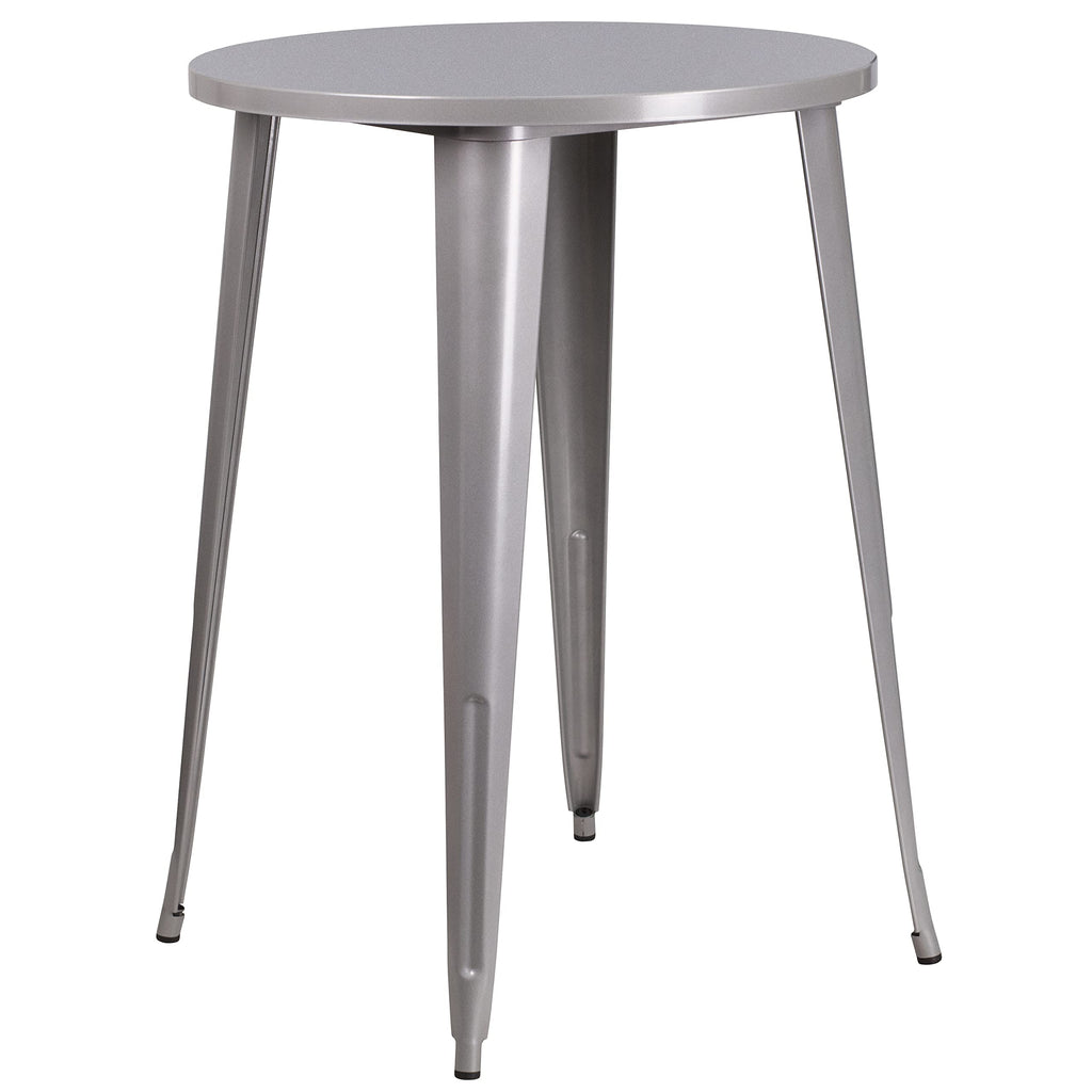 Flash Furniture Commercial Grade 30" Round Silver Metal Indoor-Outdoor Bar Table Set with 2 Square Seat Backless Stools