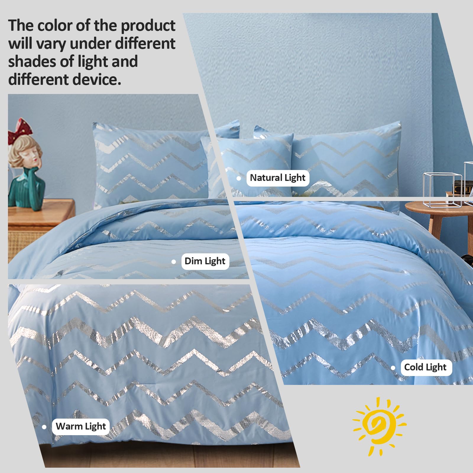 Menghomeus Blue/Silver Comforter Set Queen/Full Size Metallic Print Glitter Bedding Set Cute Shinny Bed Sets For Teen Girls Kids