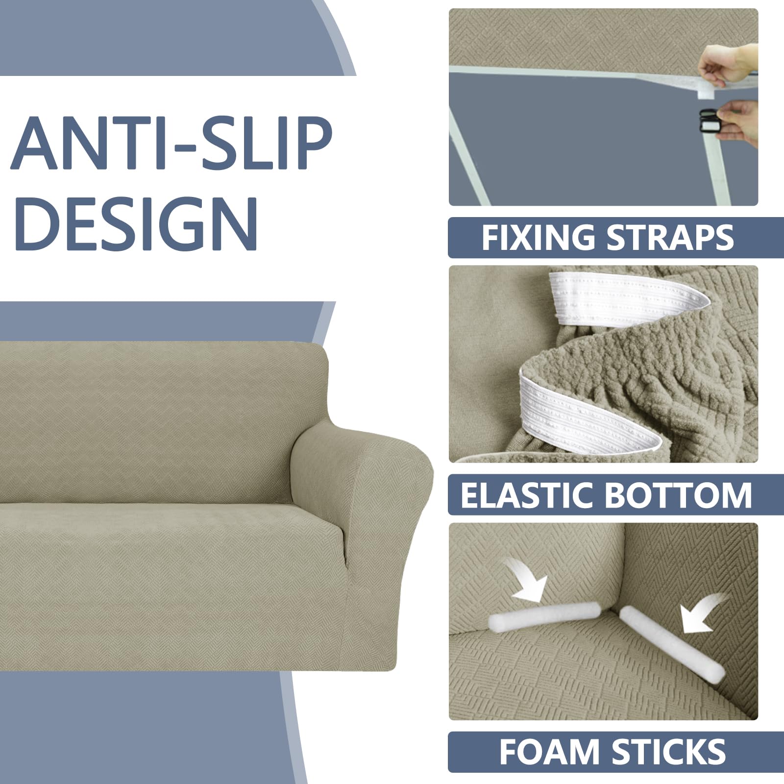 Jiviner Stretch Sofa Covers 1 Piece Couch Covers For 3 Cushion Couch Sofa, 3 Seater Sofa Slipcovers Furniture Protector With Elastic Bottom For Kids, Pets (Khaki, Sofa)