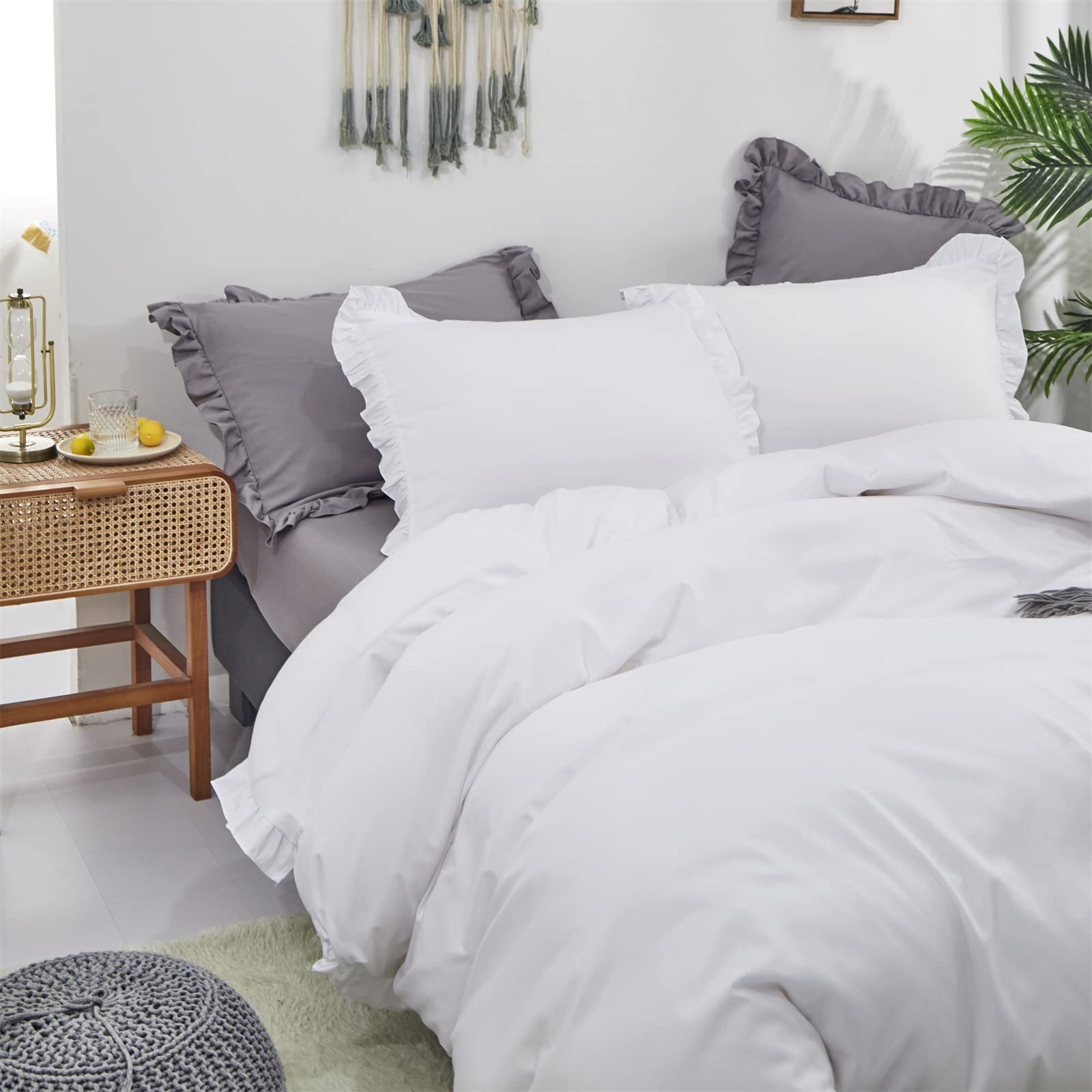 Luxlovery White Ruffle Comforter Set California King Farmhouse Boho Bedding Comforter Set Plain White Shabby Chic Solid Cotton B