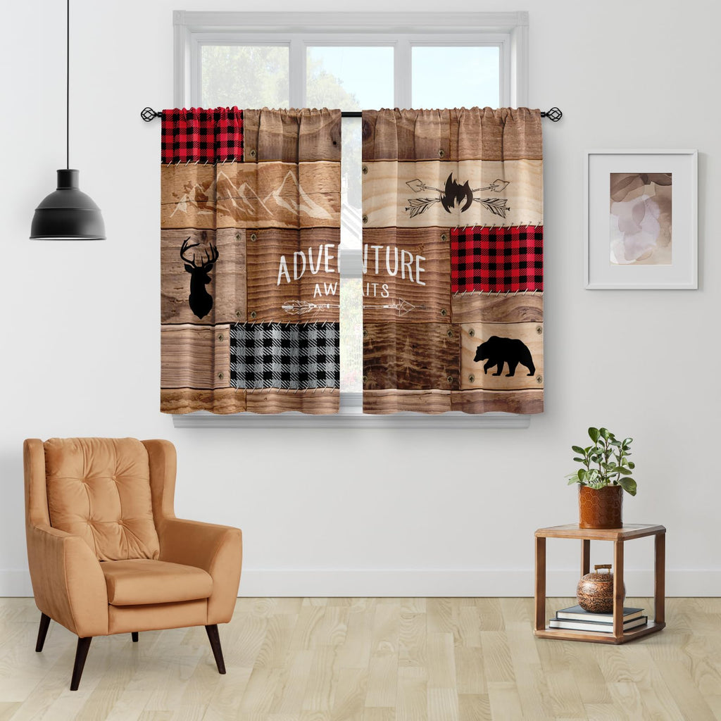 Aimego Rustic Wooden Kitchen Curtains - Farmhouse Cabin Bear Deer Country Retro Small Short Cafe Curtains Buffalo Plaid Tier Cur