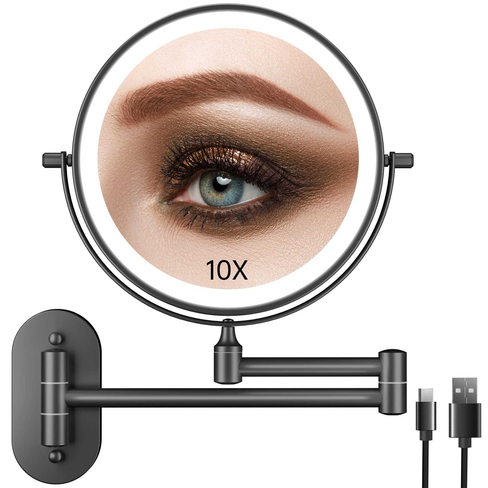 FASCINATE Rechargeable Wall Mounted Lighted Vanity Mirror 8 Inch 1X/10X Magnifying Makeup Mirror with 3 Color Lights, Double Sid