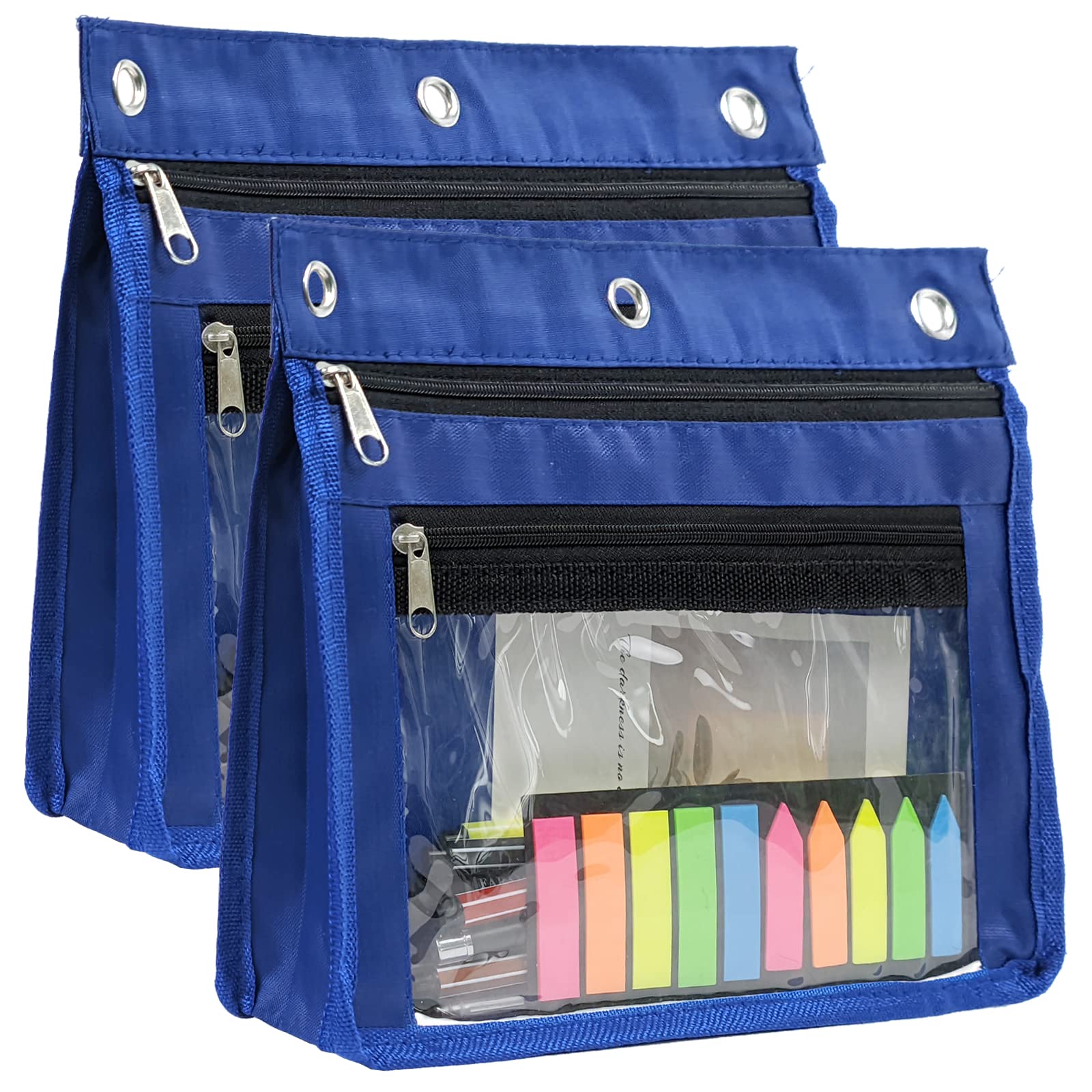 Yoeejob 2 Pack 1 Inch Expandable Zipper Pencil Pouches With Clear Window For 3 Ring Binder, Suitable For School & Office (Blue)