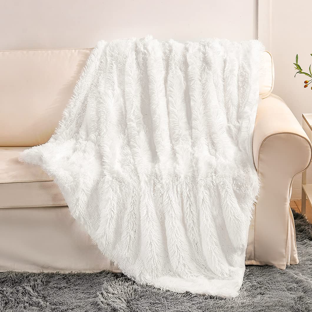 Yusoki White Faux Fur Throw Bed Blanket,2 Layers,50' X 60', Soft Fuzzy Fluffy Plush Couch Blanket Furry Comfy Warm Decorative