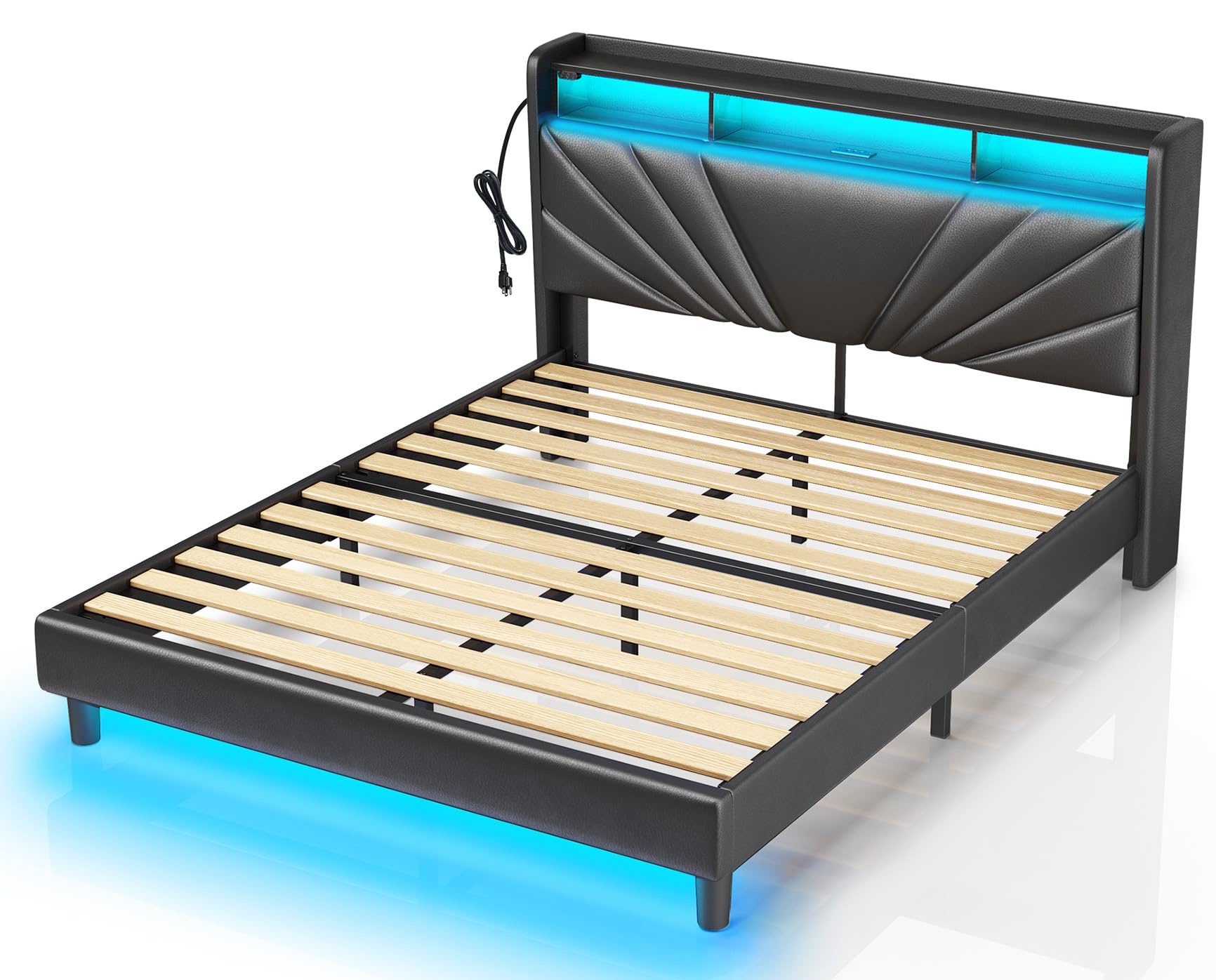 Rolanstar Full Size Bed Frame, Storage Headboard with Charging Station and LED Lights, Upholstered Bed with Heavy Duty Wood Slat
