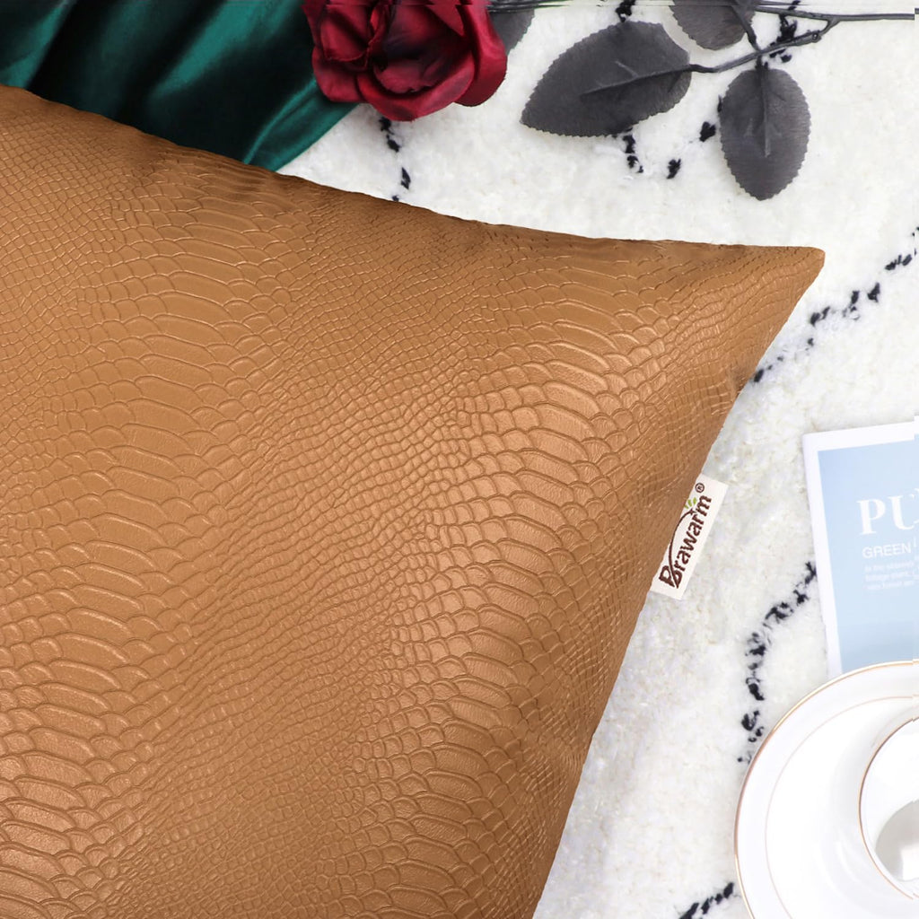 Brawarm Tan Leather Throw Pillows 22 X 22 Inches, Snake Leather Pillow Covers Pack Of 2, Faux Leather Decorative Pillow Covers F