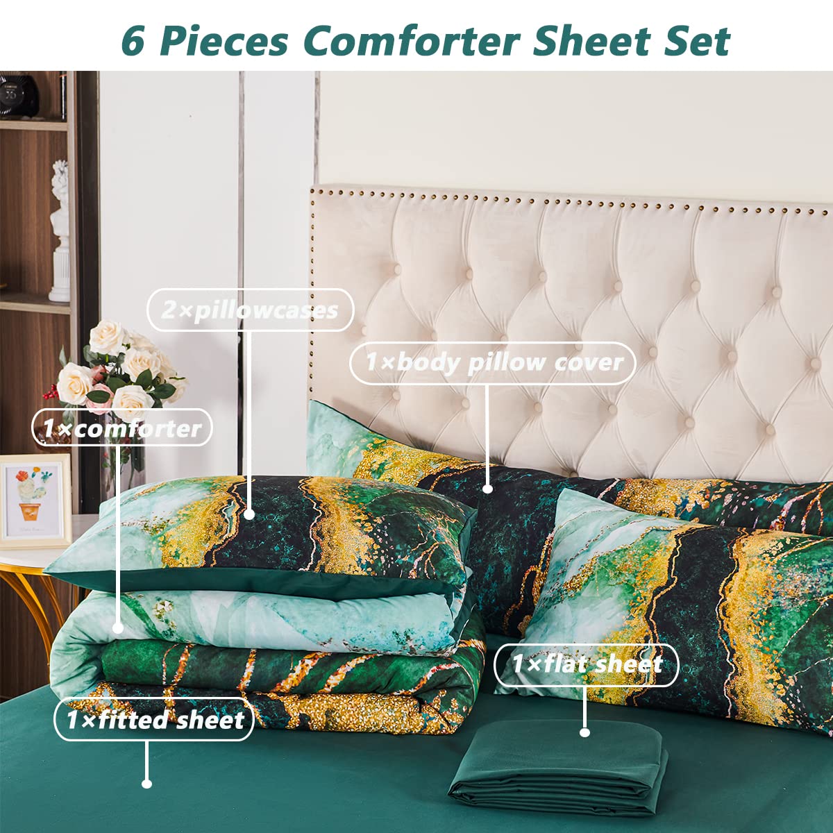 Perfemet 6 Pcs Bed-In-A-Bag Green Watercolor Marble Pattern Comforter Set Full Size Colorful Abstract Artwork Bedding Set Modern