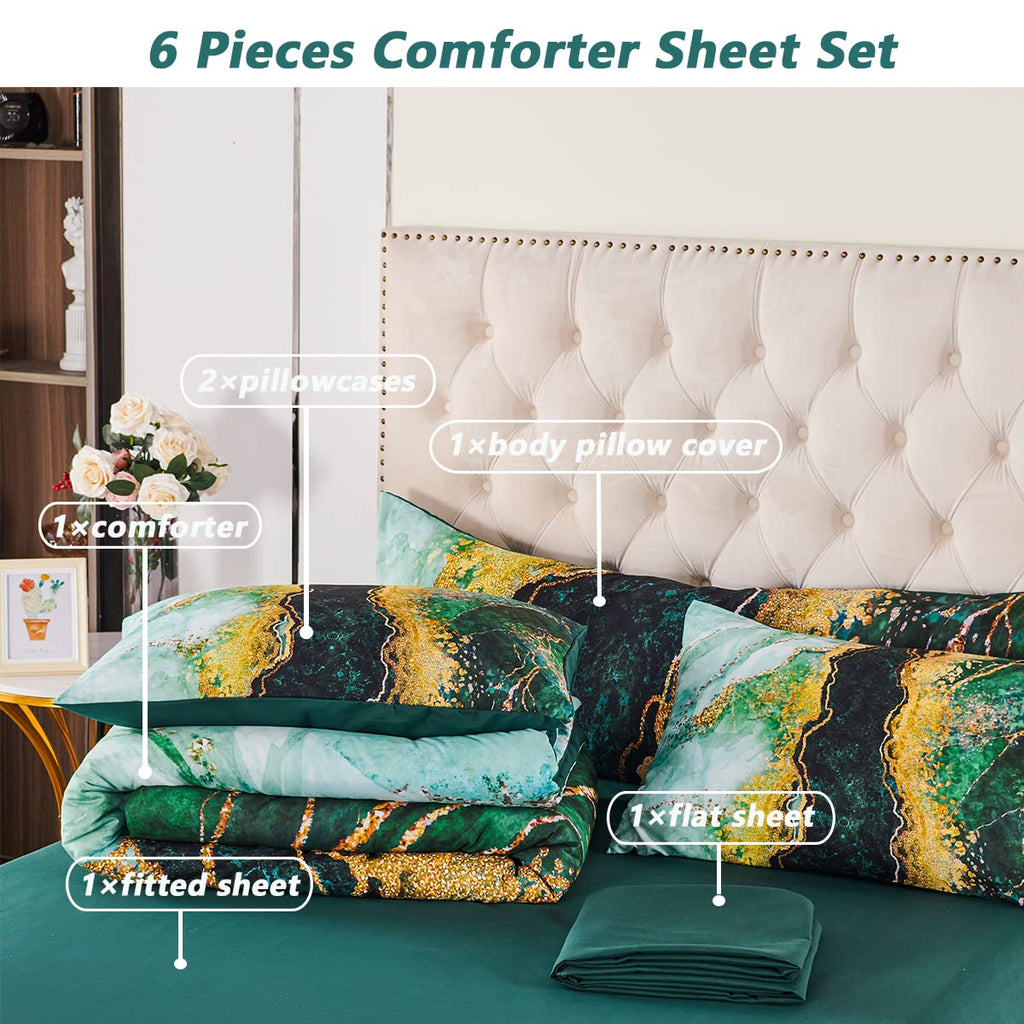 Perfemet 6 Piece Bed In A Bag California King Green Watercolor Marble Printed Comforter With Sheets Colorful Stylish Retro Artwo