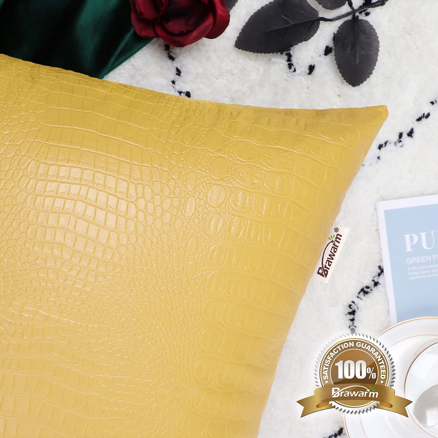 Brawarm Faux Leather Pillow Covers 18 X 18 Inches, Yellow Leather Pillow Covers Pack Of 2, Crocodile Leather Decorative Throw Pi