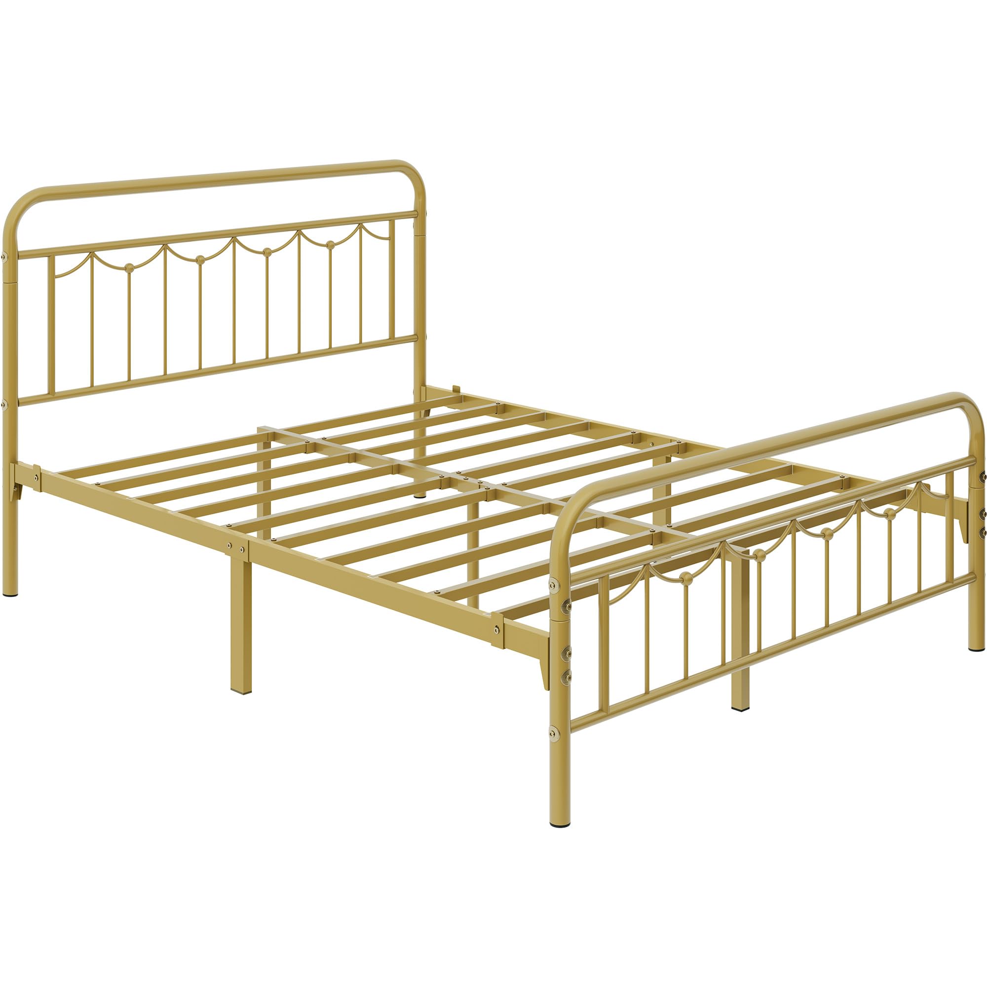 Yaheetech Queen Size Metal Bed Frames With Vintage Headboard And Footboard, Farmhouse Metal Platform Bed, Heavy Duty Steel Slat Support, Ample Under-Bed Storage, No Box Spring Needed, Antique Gold