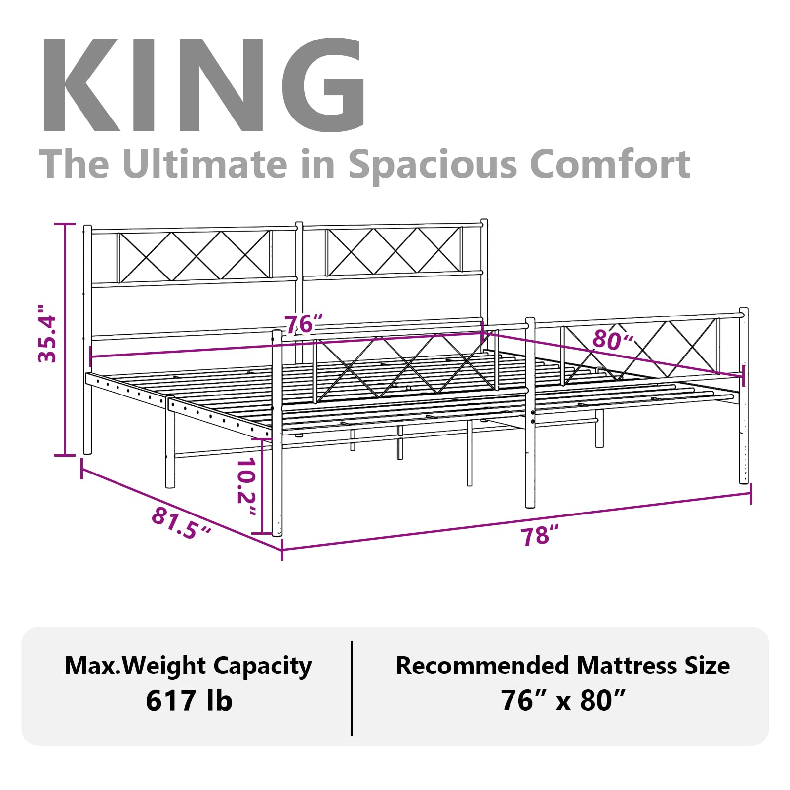 vidaXL 12'' King Metal Bed Frames with Headboard and Footboard, Platform Bed Frame with Strong Metal Slats Support, Under Bed Storage, Noise Free, Black, Without Mattress