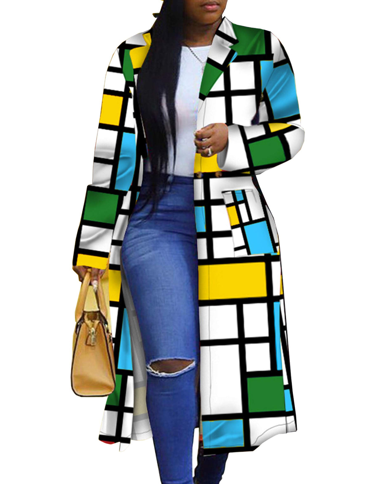 Womens Colored Geo Turn Down Collar Trench Coat Colorful Outerwear Cardigan Long Blazer Jacket(Be-4Xl) Blue