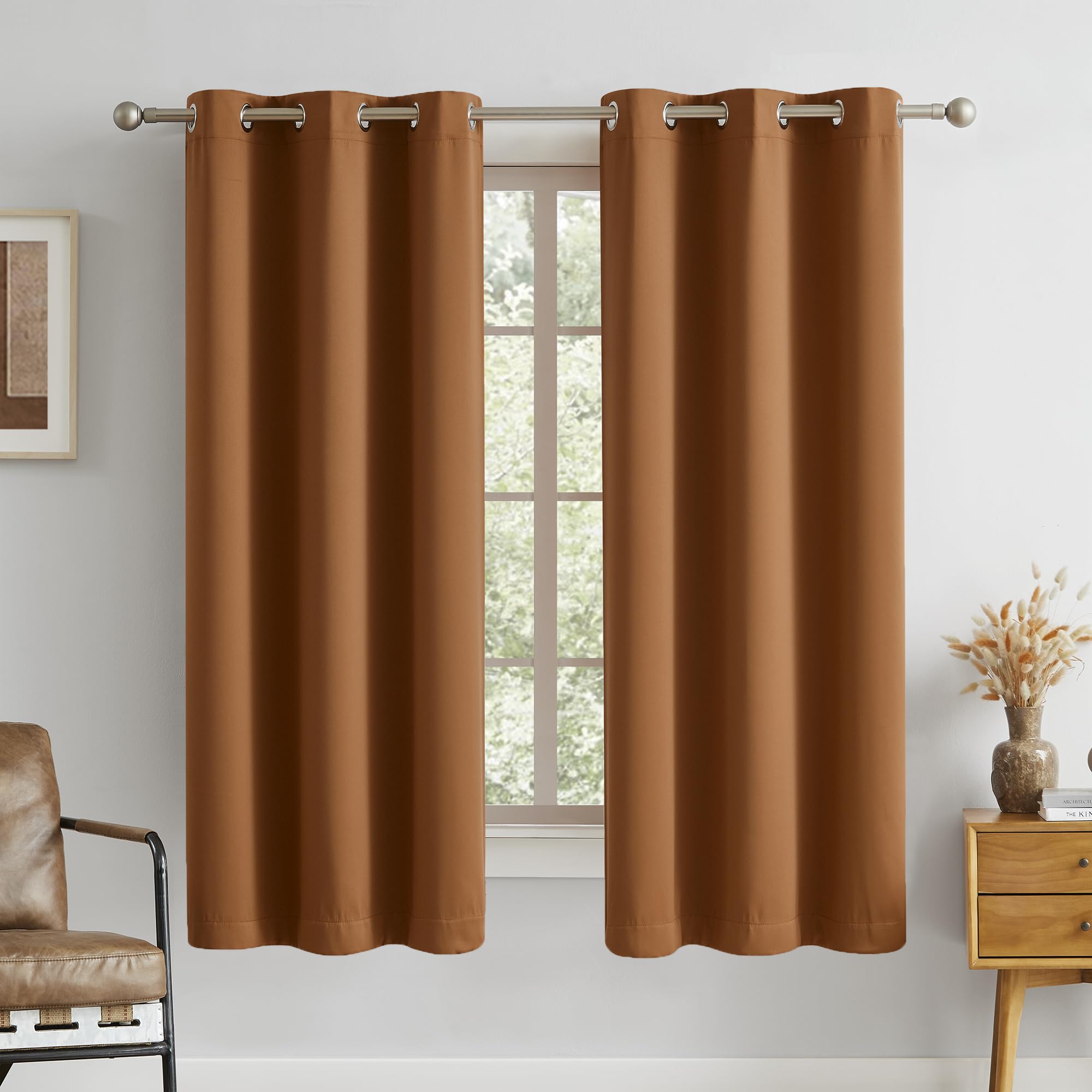 Dualife Oak Curtains 63 Inches Long 2 Panels Set, Caramel Brown Orange Blackout Bedroom Curtains Room Darkening Thermal Insulate
