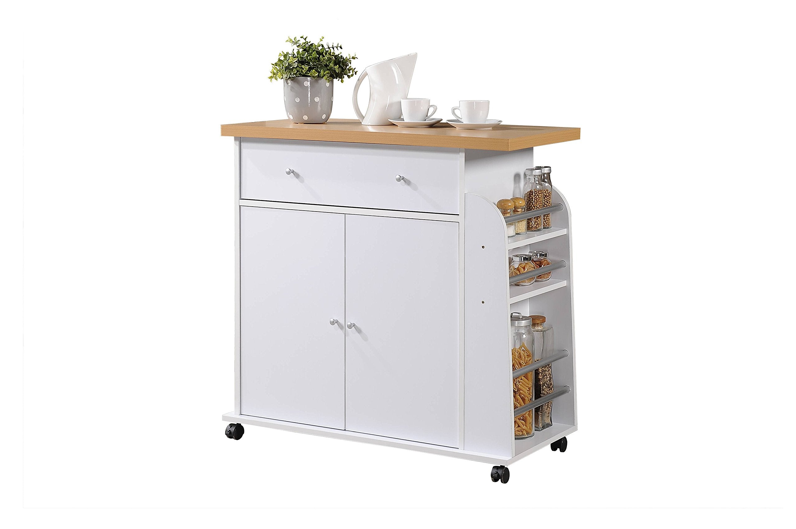 Hodedah Import Kitchen Island with Spice Rack and Towel Rack, White,