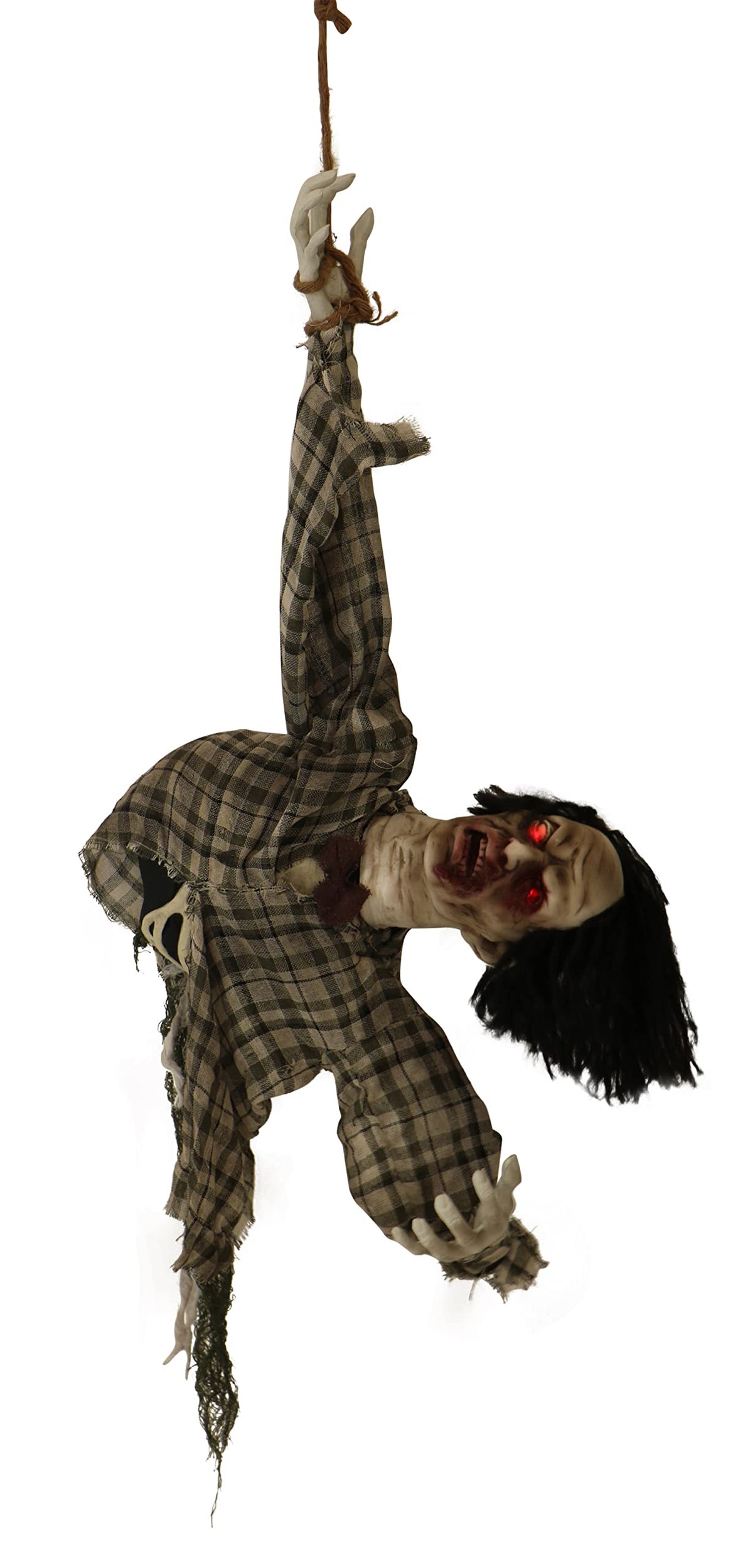 Haunted Hill Farm 3.9 Ft. Hanging Zombie With Moving Arms And Light-Up Eyes, Scary Animatronic, Touch Activated, Creepy Horror Halloween Decoration