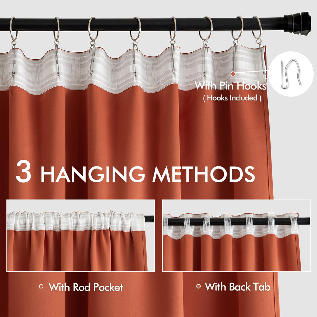 Miulee Back Tab Burnt Orange Blackout Curtains 90 Inch Long 2 Panels Set For Living Room Bedroom, Fall Terracotta Rod Pocket/Pinch Pleated Thermal Insulated Room Darkening Light Blocking Curtains