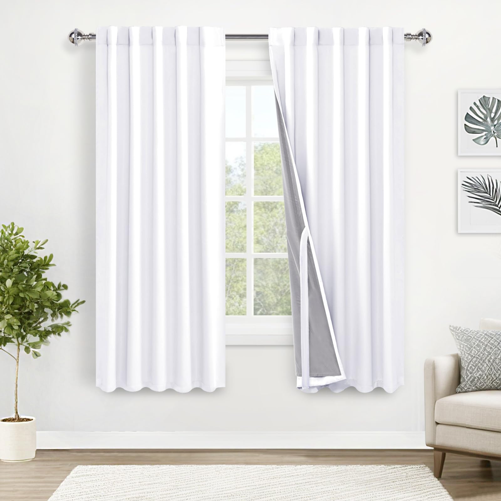 Xwzo White 100% Blackout Curtains - Heat And Full Light Blocking Drapes With Black Liner For Bedroom/Laundry Room, Rod Pocket &