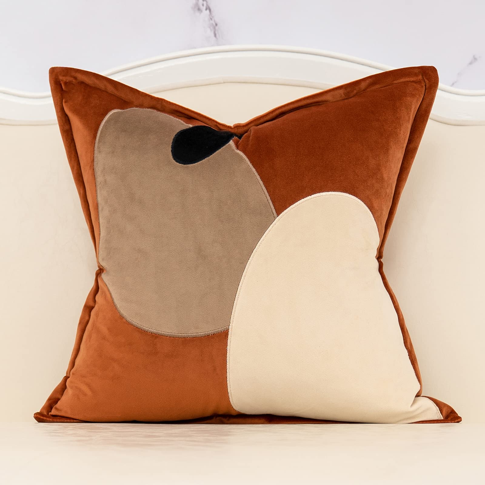 Yangest Dark Orange Decorative Velvet Throw Pillow Cover With Cloth Texture Patchwork Cushion Case Modern 20X20 Inch Pillowcase