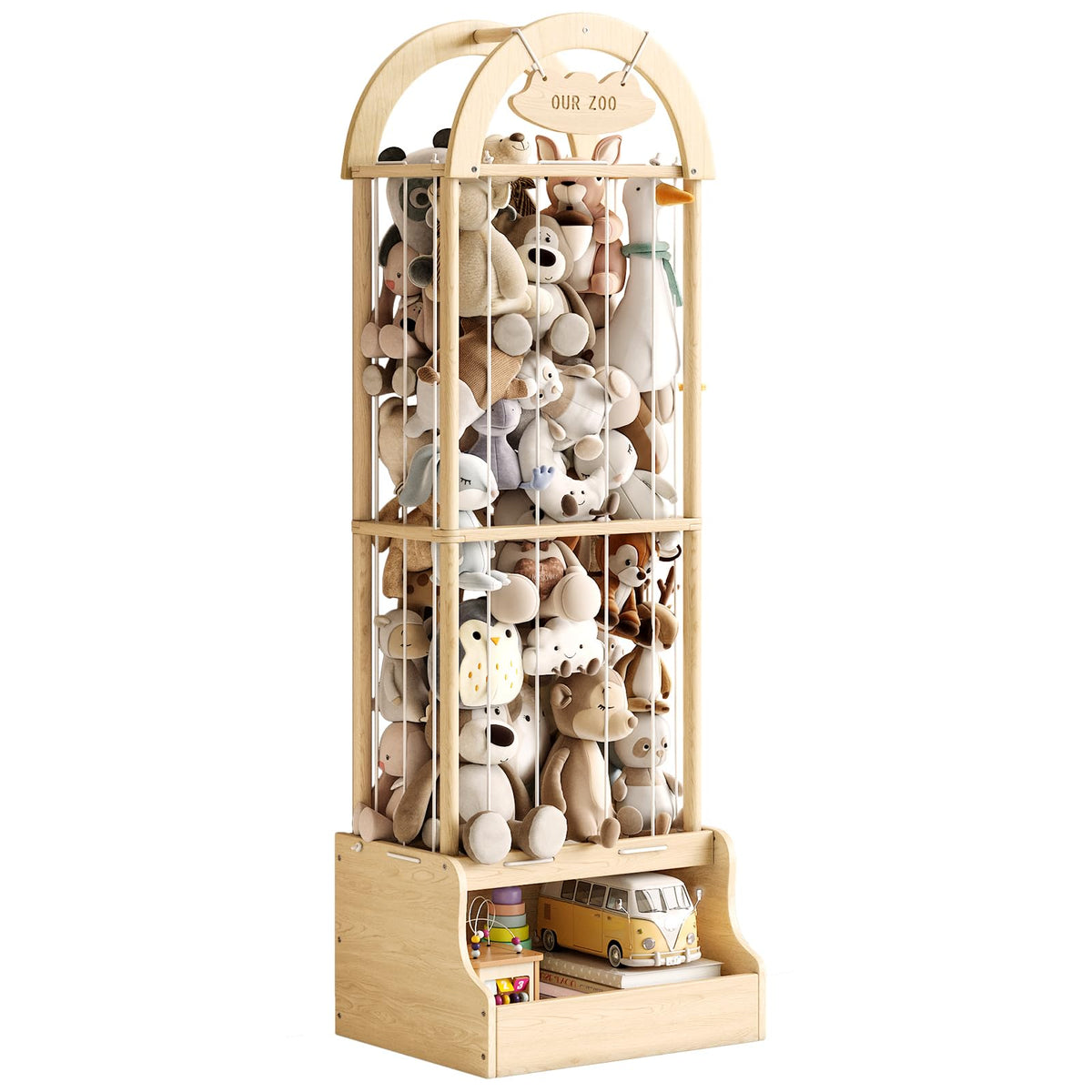 Arched Stuffed Animal Storage Organizer, Wooden Stuffed Animal Zoo Holds 50+ Plush Toys, FSC Pine Wood Plush Toy Holder with Thi