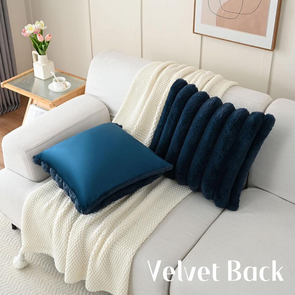 Futei Navy Blue Decorative Throw Pillow Covers 18X18 Inch Set Of 2, Square Soft Faux Rabbit Fur Big Striped Cushion Cover,Home D