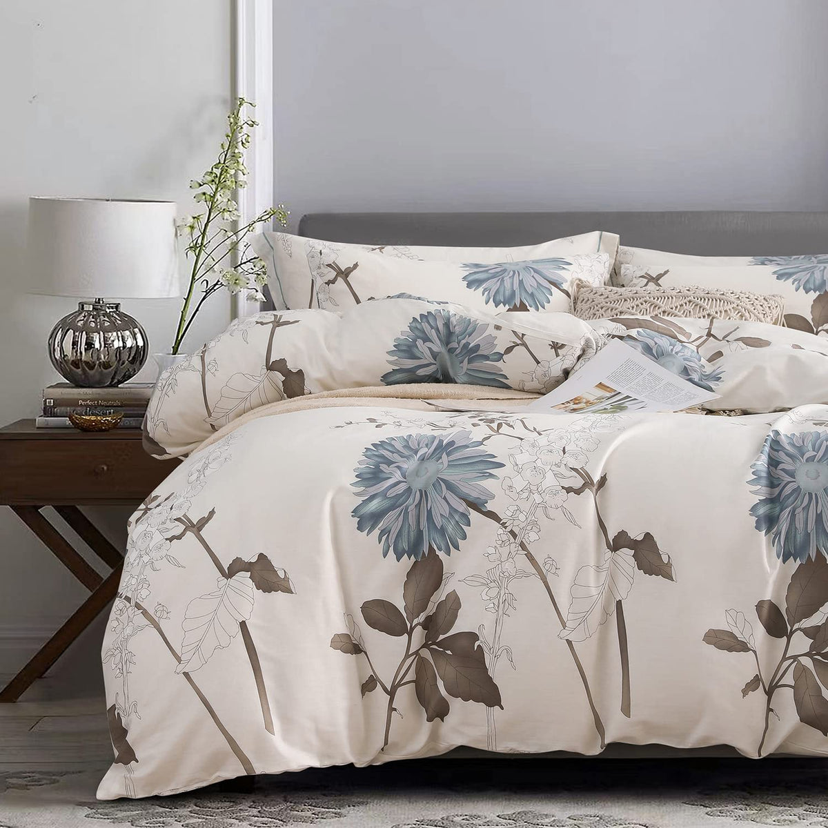 Sleepbella Comforter Queen Size, 600 Thread Count Cotton Brown Branches And Blue Flowers Off-White Comforter Sets, Down Alternat