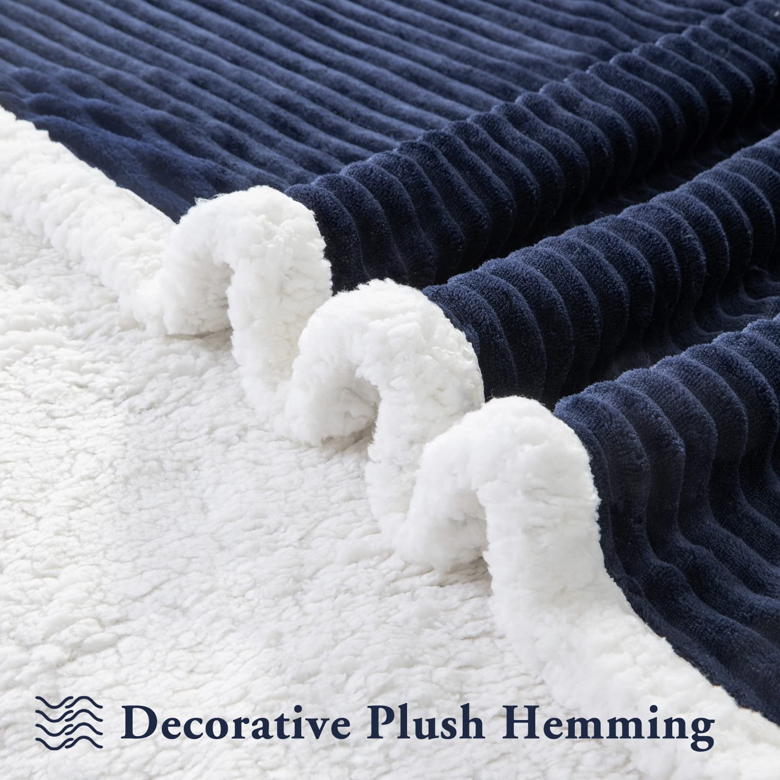 Lbro2M Striped Sherpa Fleece Bed Blanket Twin Size, Super Soft Fuzzy Plush Warm Cozy Fluffy Microfiber Couch Throw Velvet Double Reversible Luxurious Blankets (65X90),Navy Blue