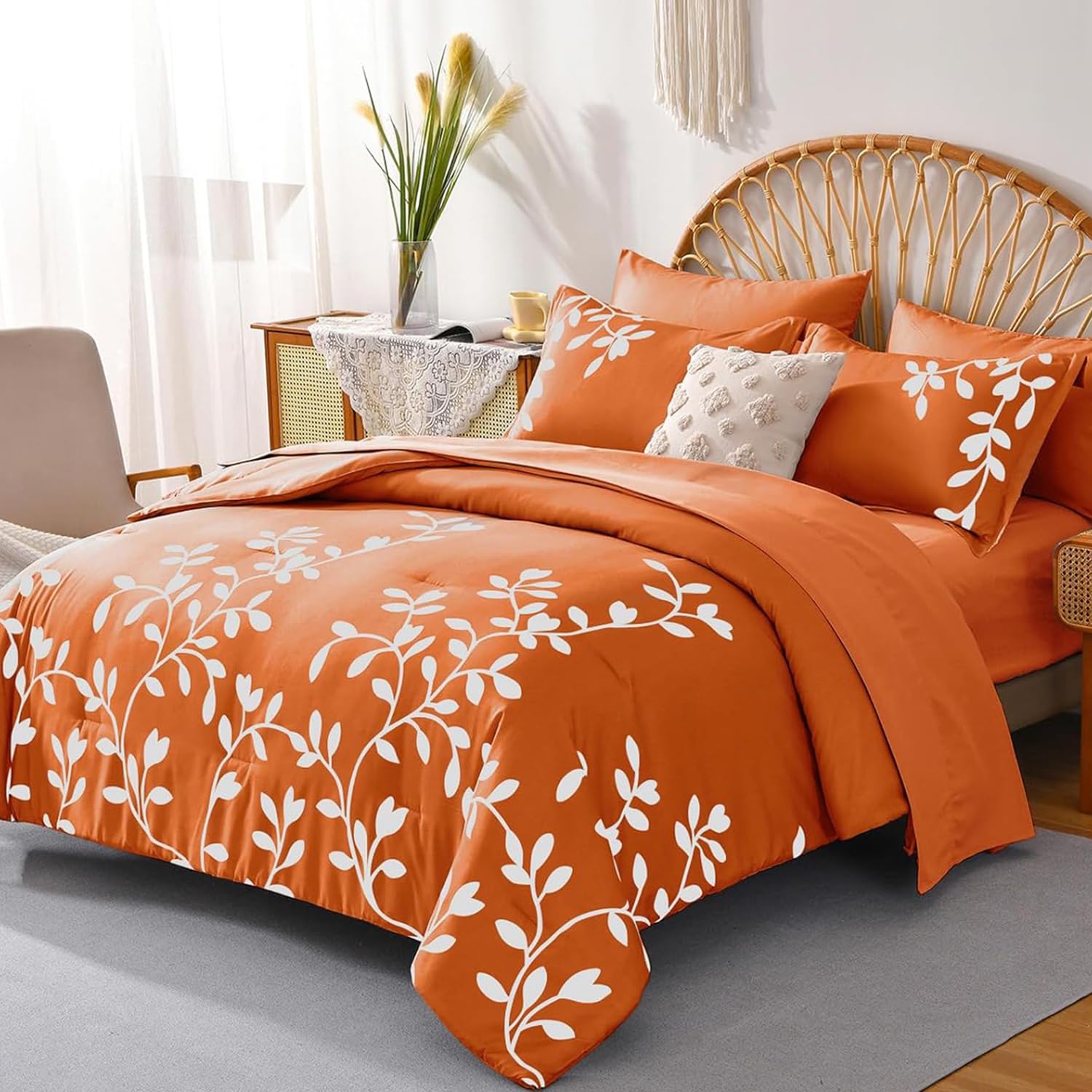 Metahots Queen Size Comforter Set  7 Pieces Floral Botanical Printed On Orange Queen Comforter Set With Sheets, Fall Soft Light