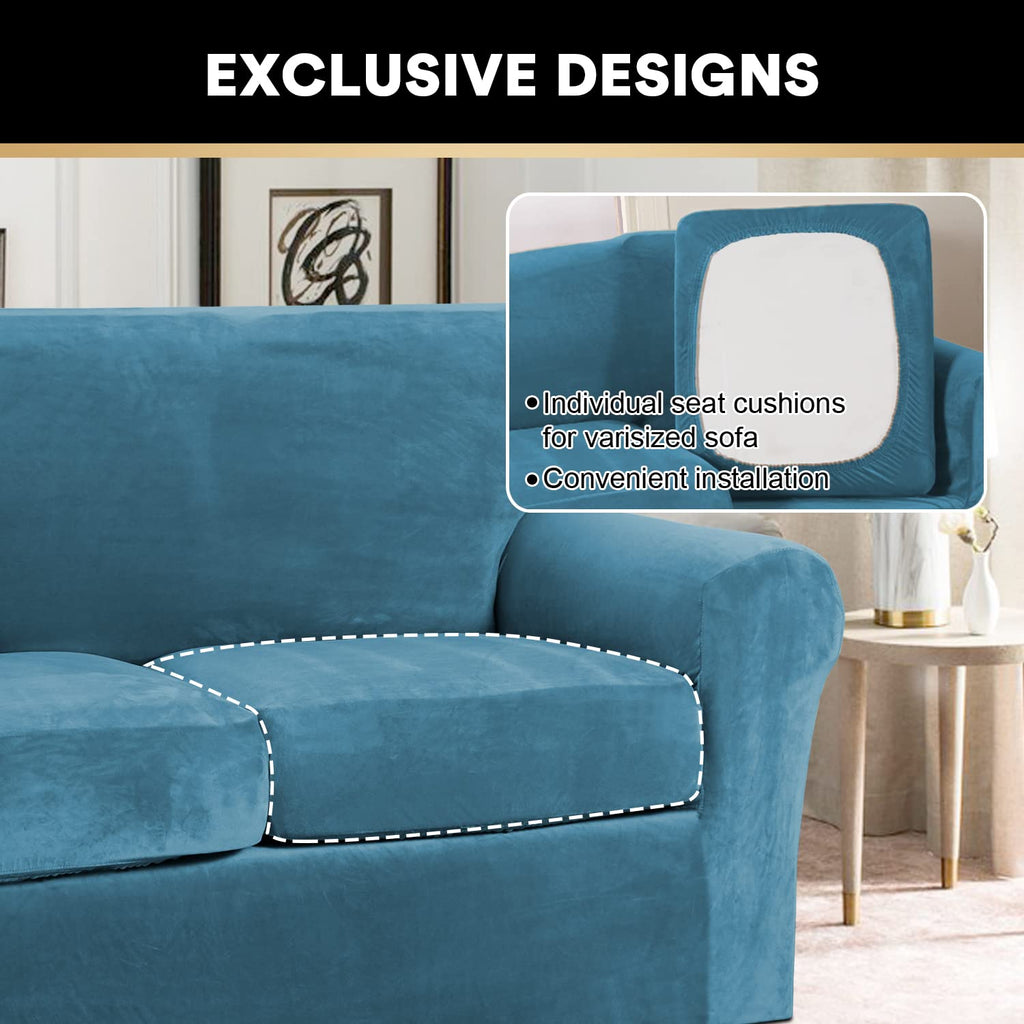 Princedeco 3 Pieces Sofa Covers Velvet Couch Covers For 2 Cushion Sofa Soft Sofa Covers For 2 Cushion Couch Width Up To 90 Inch Feature Thick Soft Stay In Place(Medium-Large, Seagrass)