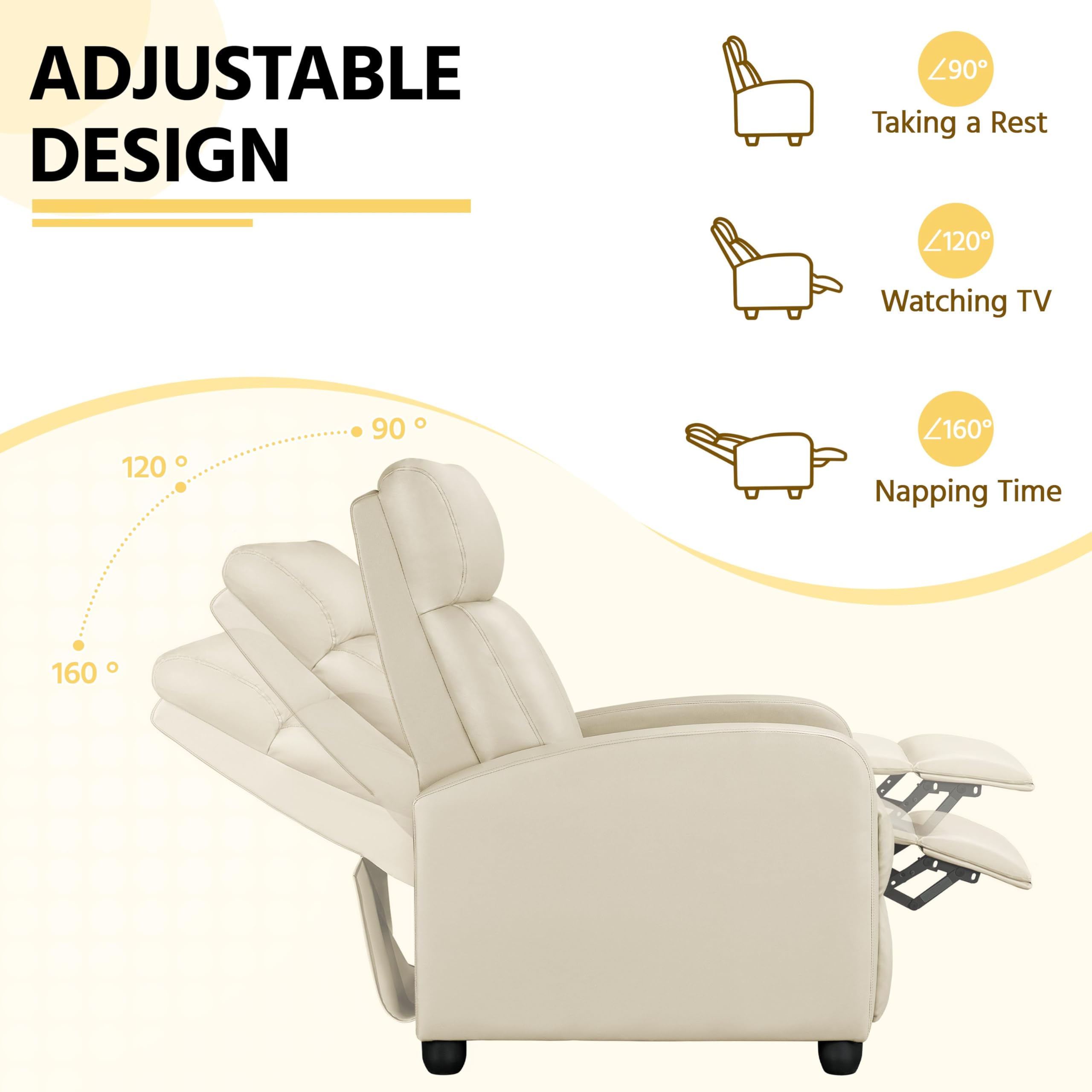 Yaheetech Recliner Chair Pu Leather Recliner Sofa Home Theater Seating Adjustable Modern Single Reclining Chair Sofa With Pocket Spring Living Room Bedroom Beige